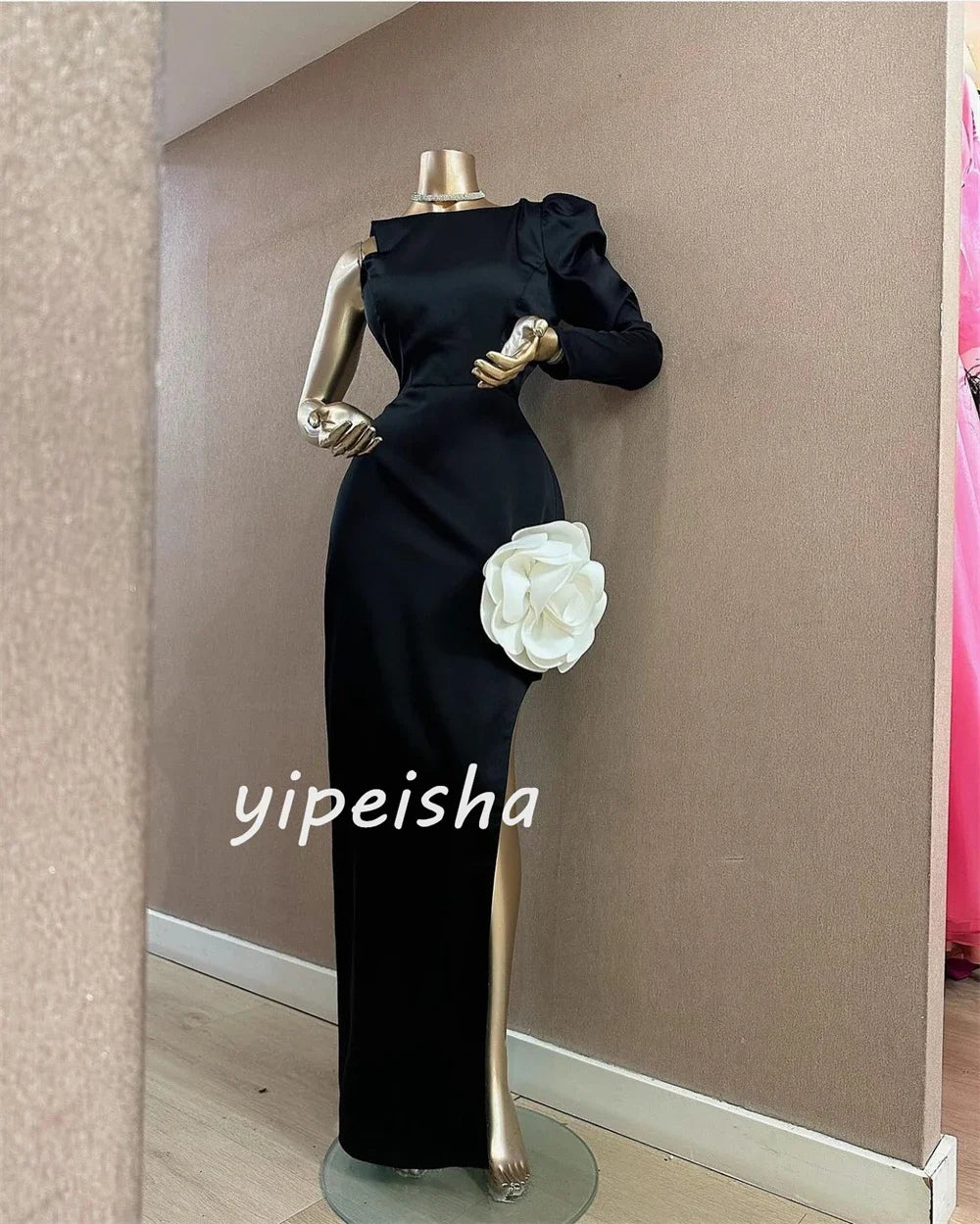 Customized Satin Handmade Flower Engagement A-line One-shoulder Bespoke Occasion Gown Long Dresses