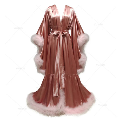 Flare Sleeves Bridal  Nightgown Silk Long Wedding Scarf Dress Gown