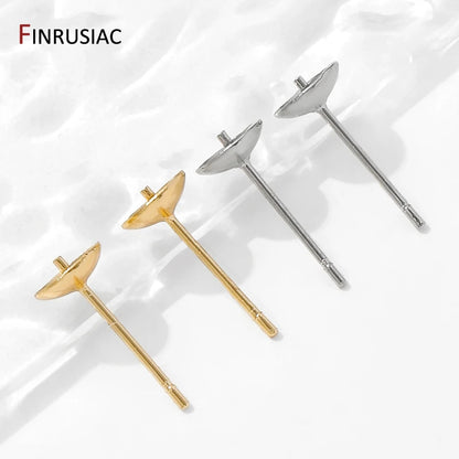14K Gold Plated Brass Earring Stud Base Blank Post Ear Studs Tray Earplug For Pearl DIY Earring Making Accessories