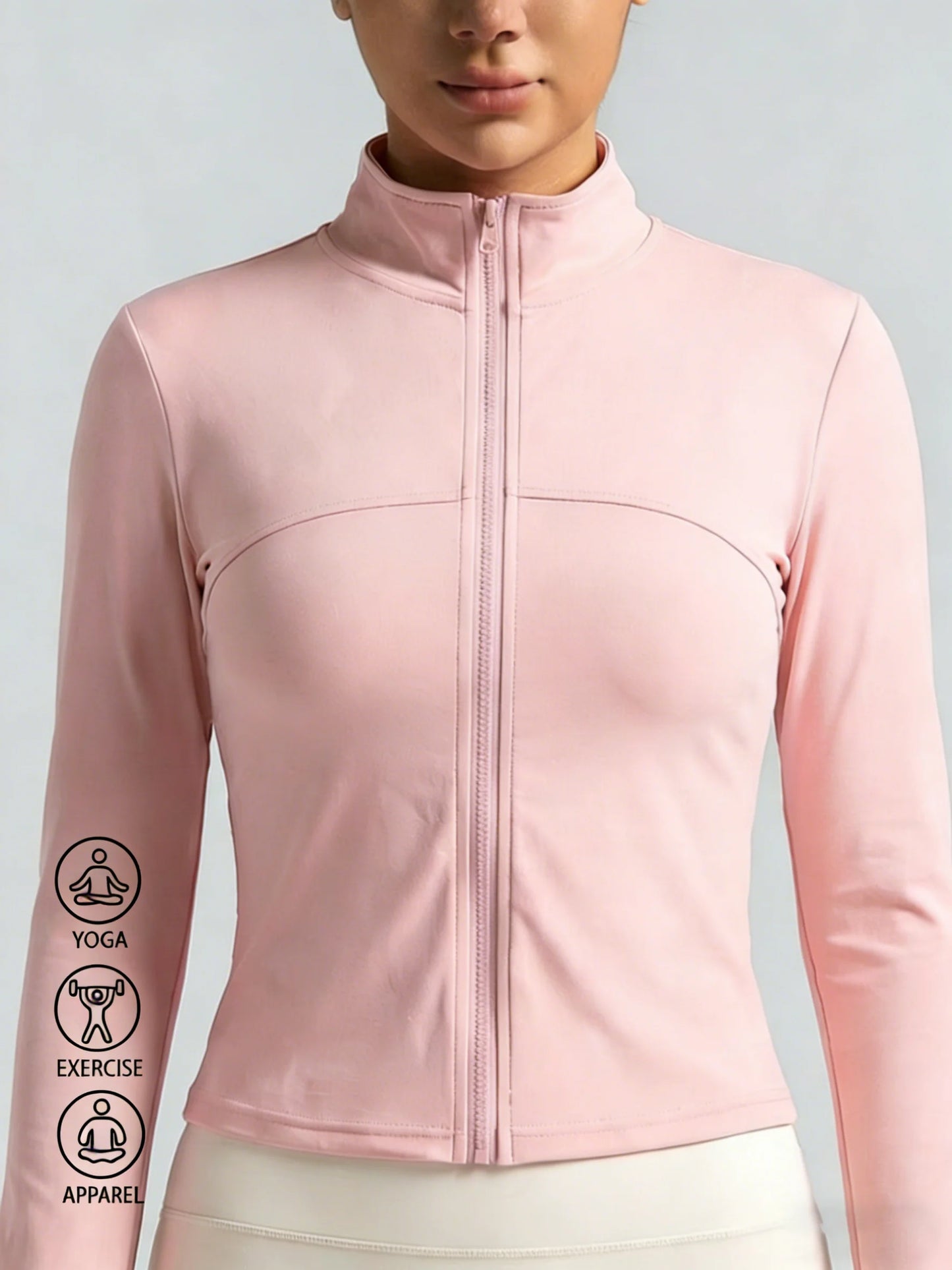 New Women Light Pink Yoga Coat Quick Dry Athletic Jacket with Zip Slim Fit Stand Up Collar Fitness Gym Workouts Outdoor Wear