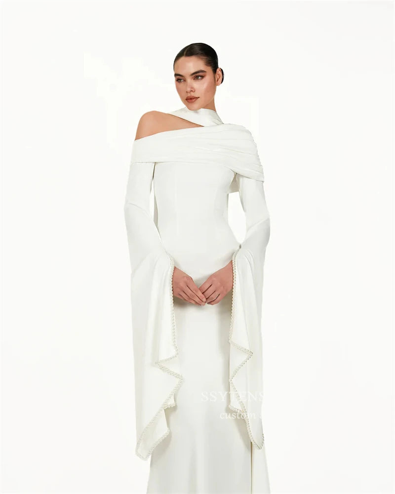 SSYTENS Modest Ivory Wedding Dresses Long Sleeves Formal Prom Gowns One Shoulder Pearls Elegant Wedding Party Dresses Customized