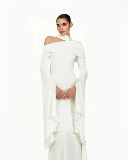 SSYTENS Modest Ivory Wedding Dresses Long Sleeves Formal Prom Gowns One Shoulder Pearls Elegant Wedding Party Dresses Customized