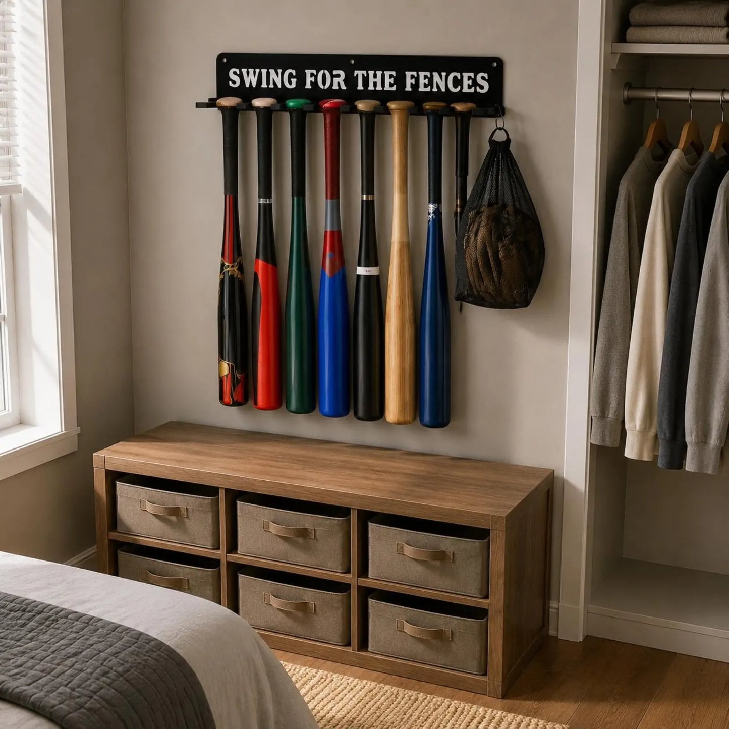 14 Bats 14 Sports Equipment Storage Rack Carabiner Hook Wall Mount Sports Equipment Rack Metal Construction Space Saving
