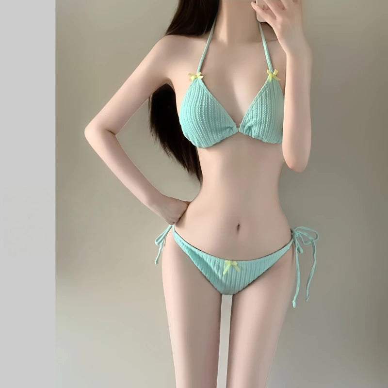 2026 Summer Women's Long Sleeve Bikini Set Korean Fashion Sweet Girl Swimsuit Slimming Beach Bathing Suit with Mesh Cover Up
