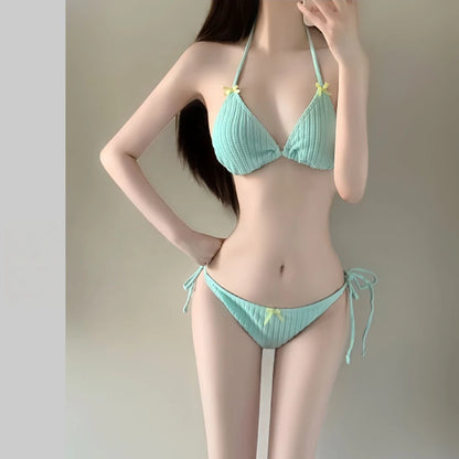 2026 Summer Women's Long Sleeve Bikini Set Korean Fashion Sweet Girl Swimsuit Slimming Beach Bathing Suit with Mesh Cover Up