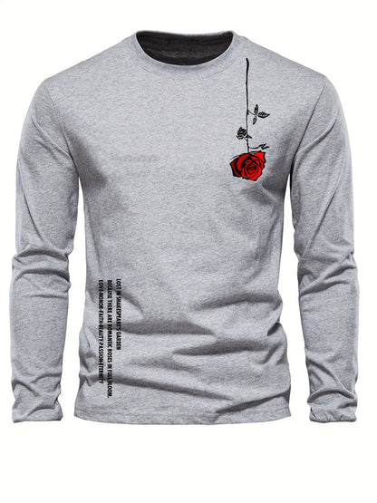100% pure cotton men's long sleeved round neck loose casual rose letter printed spring and autumn versatile T-shirt top