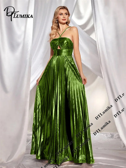 DTLumika Metallic Gold Pleated Maxi Party Gown with Brilliant Reflective Finish Long Evening Dresses Halter Cocktail Dinner Gown