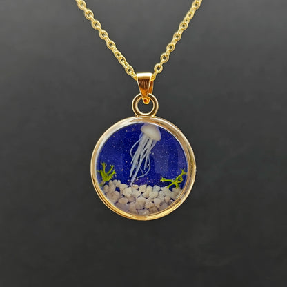 Jellyfish Stereoscopic Seabed Undersea Seaweed Starry Gold Color Pendant Chain Long Necklace Women Boho Fashion Jewelry Handmade
