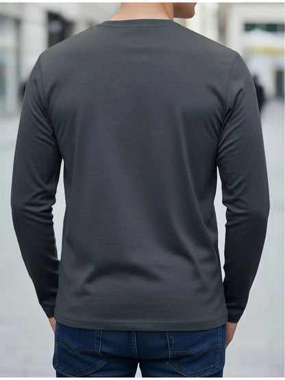 100% pure cotton men's long sleeved round neck loose compass explorer pattern printed casual versatile T-shirt top