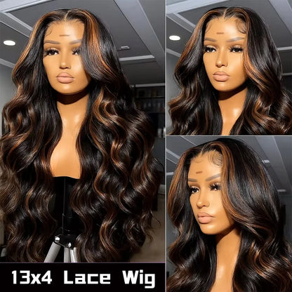 Highlight Body Wave 13x6 HD Omber Lace Front Human Hair Pre Plucked Wig 1B/30 Black Brown Colored Hair 13x4 HD Lace Frontal Wigs