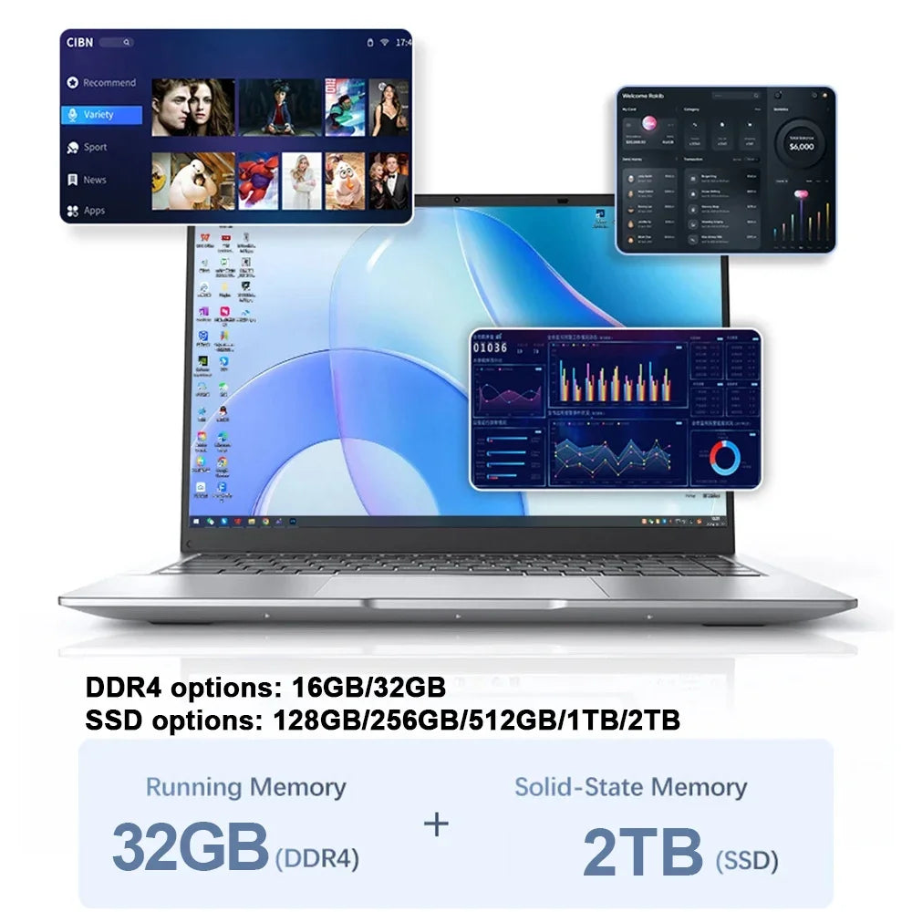 Fashion Ultra Thin 14.1 Inch Laptop 2026 Latest Model Win11 System Fast Speed Office Study Entertainment Portable Laptop