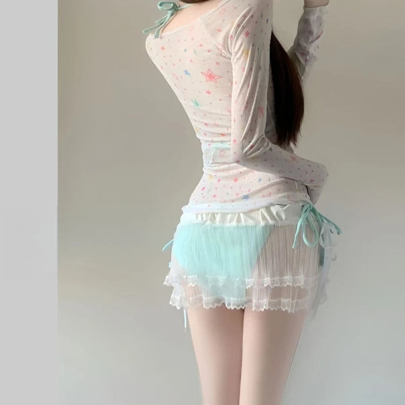 2026 Summer Women's Long Sleeve Bikini Set Korean Fashion Sweet Girl Swimsuit Slimming Beach Bathing Suit with Mesh Cover Up