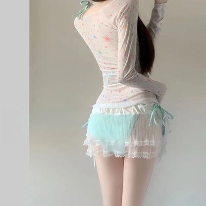 2026 Summer Women's Long Sleeve Bikini Set Korean Fashion Sweet Girl Swimsuit Slimming Beach Bathing Suit with Mesh Cover Up