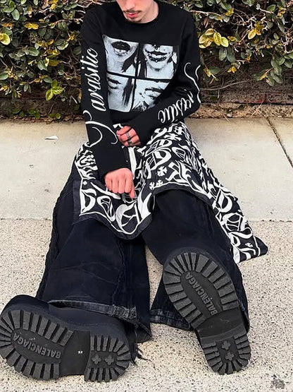 Dark style street punk unisex long sleeved shirt with retro millennium print T-shirt
