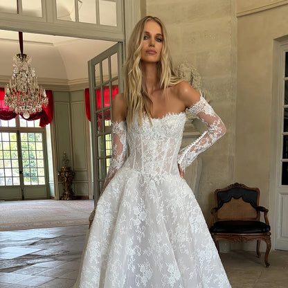 Luxury Lace A-line Wedding Dress Strapless Tight corset Strap Detachable Long Sleeve Bride Dress Romantic Ball Dress Customized