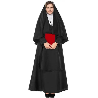 Cos Nun Sister Habit Costume Halloween Women Christian Missionary Catholic Cosplay Carnival Fantasia Fancy Dress Balck Long