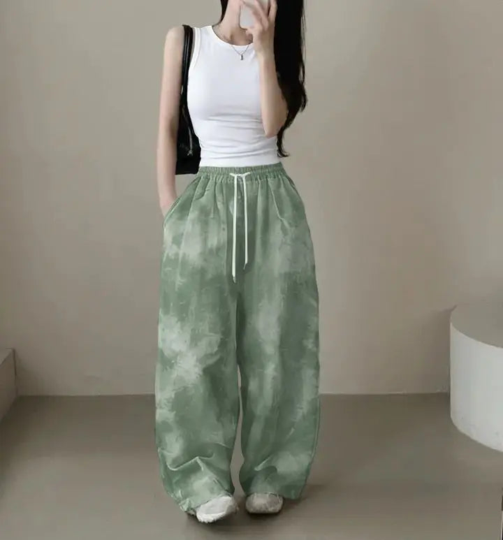 2026 Korean Version Pants Women's Tie-dye Loose Fashion Casual Drawstring Large Size Camouflage Printing Wide-leg Floor Pants