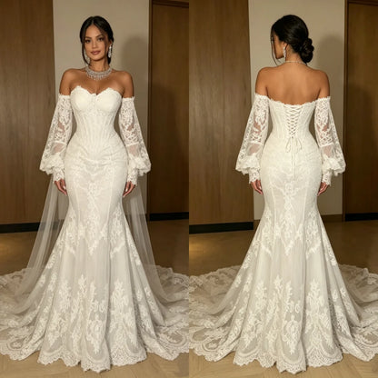 Custom 202Off Shoulder Lace Mermaid Wedding Dress Long Puff Sleeve Corset Back Bridal Gown with Cathedral Train