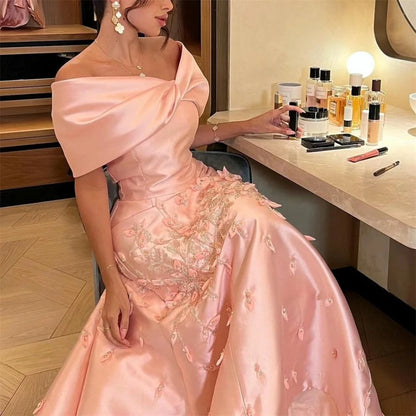 Customized  فساتين مناسبة رسمية V Neck Off the Shoulder Beads 3D Flowers Satin Formal Occasion Evening Gown Arabia  سهرة