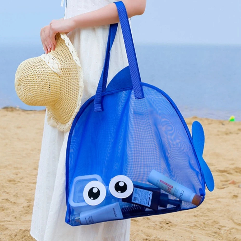 Kids Mesh Beach Bags Colorful Cartoon Shark Animal Sand Free Quick Dry Shell Toy Storage Organizer Totes for Toddlers Vacations