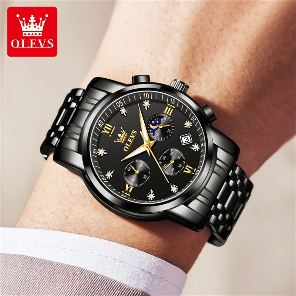 OLEVS Popular men's watches stainless steel black Moon Phase Chronograph quartz watch for man date Original brand wristwatch