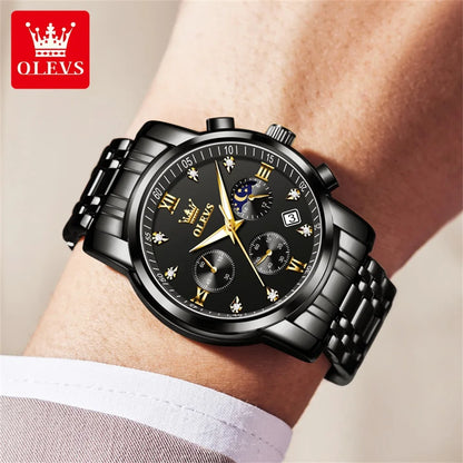 OLEVS Popular men's watches stainless steel black Moon Phase Chronograph quartz watch for man date Original brand wristwatch