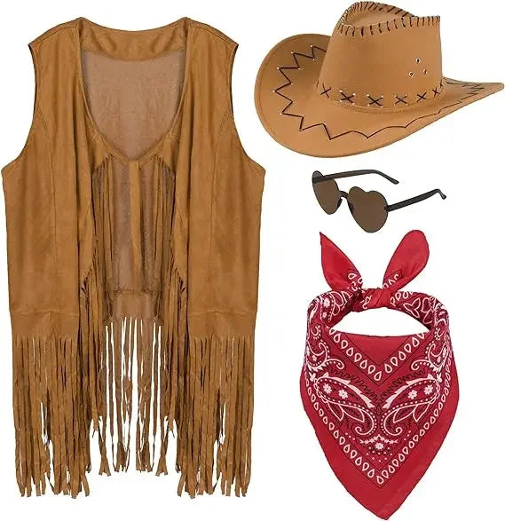 Women Men Cowgirl Costume Western Vest Hat Belt Bandana Set for Cowboy Tassels Fringe Vest Halloween Outfits Wild West Cosplay