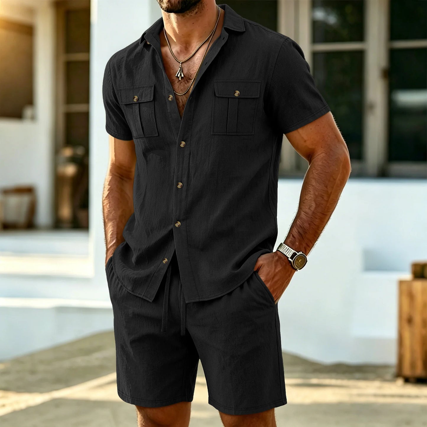 New summer men's linen outdoor casual 2-piece set - Business casual short-sleeved shirt + shorts beach sports breathable street
