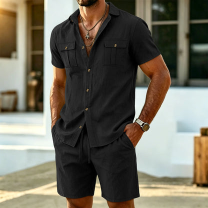 New summer men's linen outdoor casual 2-piece set - Business casual short-sleeved shirt + shorts beach sports breathable street