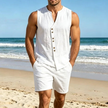Men Simple Solid Linen Sleeveless Vest Shirt Shorts Set Summer Beach Casual Outfit