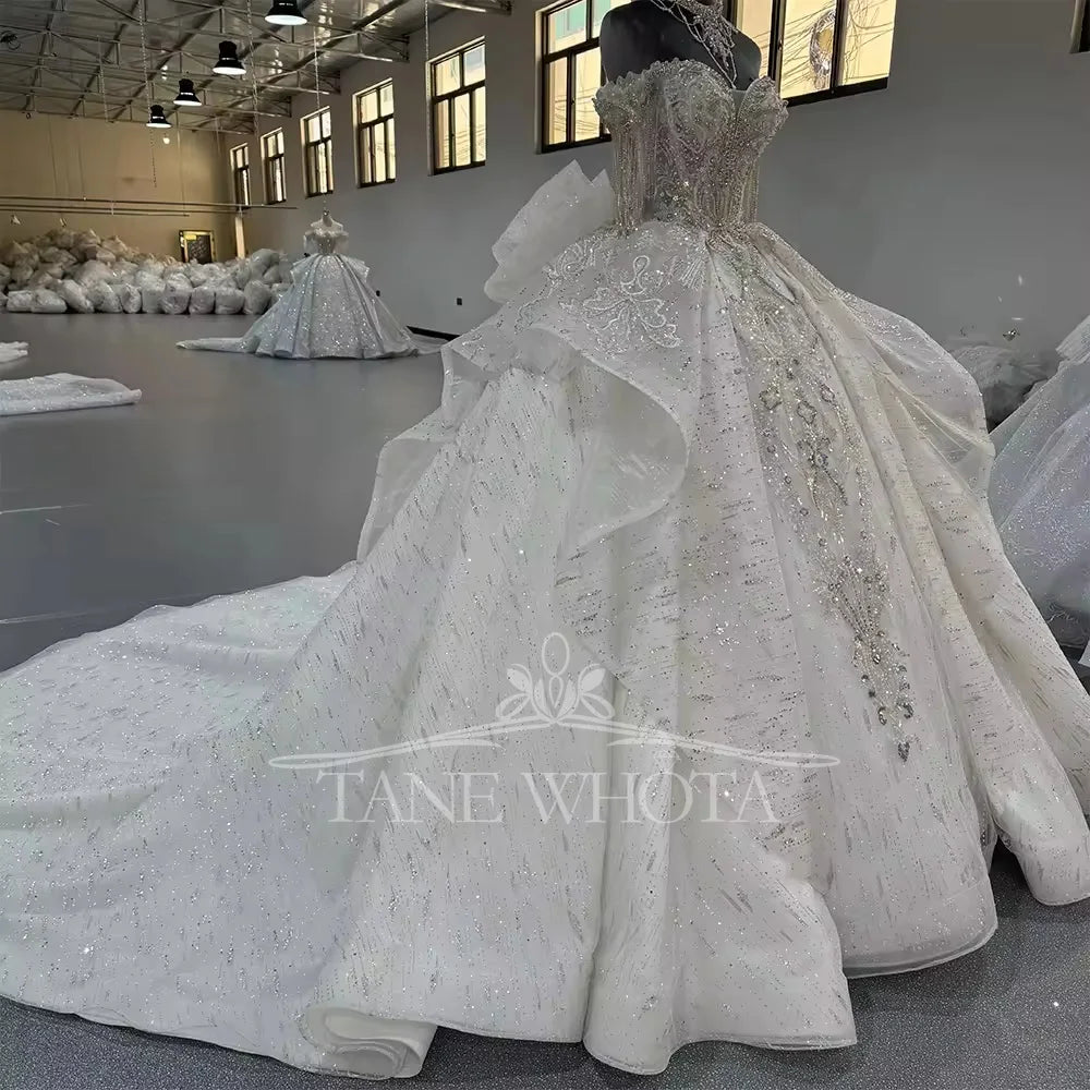 Robe De Marie Off Shoulder Tassel Sweetheart Beading Crystal Ball Gown Lace Elegant Wedding Dress