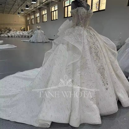 Robe De Marie Off Shoulder Tassel Sweetheart Beading Crystal Ball Gown Lace Elegant Wedding Dress