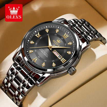OLEVS Brand Fashion men's watches stainless steel waterproof Quartz wristwatch luminous Original watch for man Dual Calendar