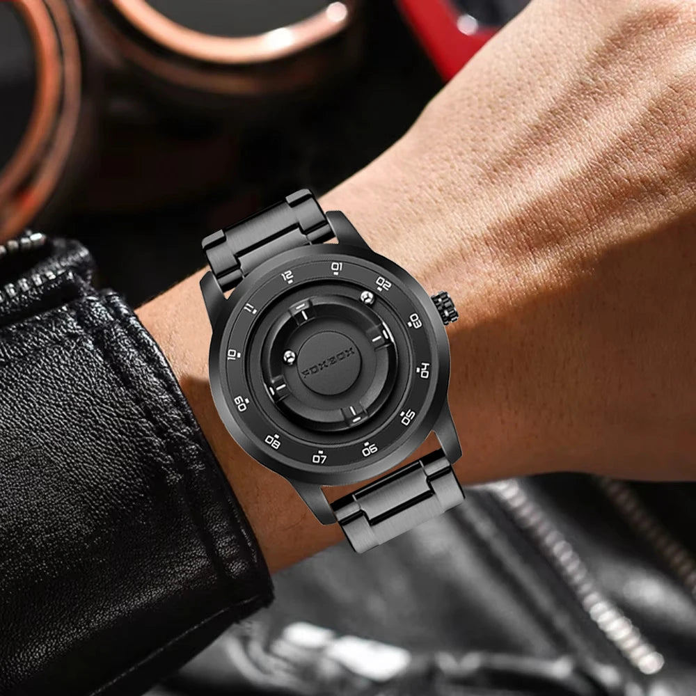 LIGE FOXBOX Fashion Man Magnetic Watch Unique Dial Business Stainless Casual Srolling Bead Waterproof Quartz Men's Watches Gifts