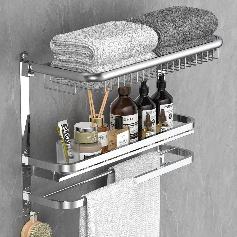 23.22 Inch Wall-Mounted Stainless Steel Towel Bar with Shower Shelves, No Drilling Required (Silver)