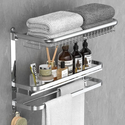 23.22 Inch Wall-Mounted Stainless Steel Towel Bar with Shower Shelves, No Drilling Required (Silver)