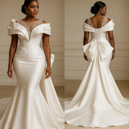 Customized 2026 African Style Mermaid Wedding Dress Luxury Satin Shoulder Design Lace Decoration Backless Strap Vestido De Novia