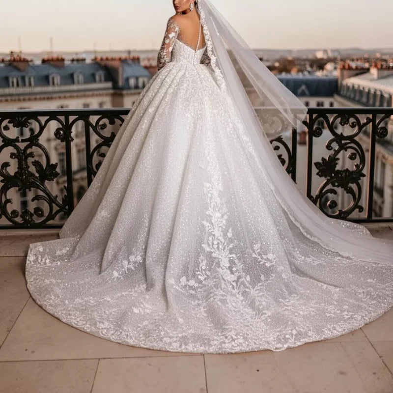 Custom Luxury Glitter Lace Ball Gown Wedding Dress Elegant Long Sleeve Bridal Gown Cathedral Train Plus Size Vestido De Novia