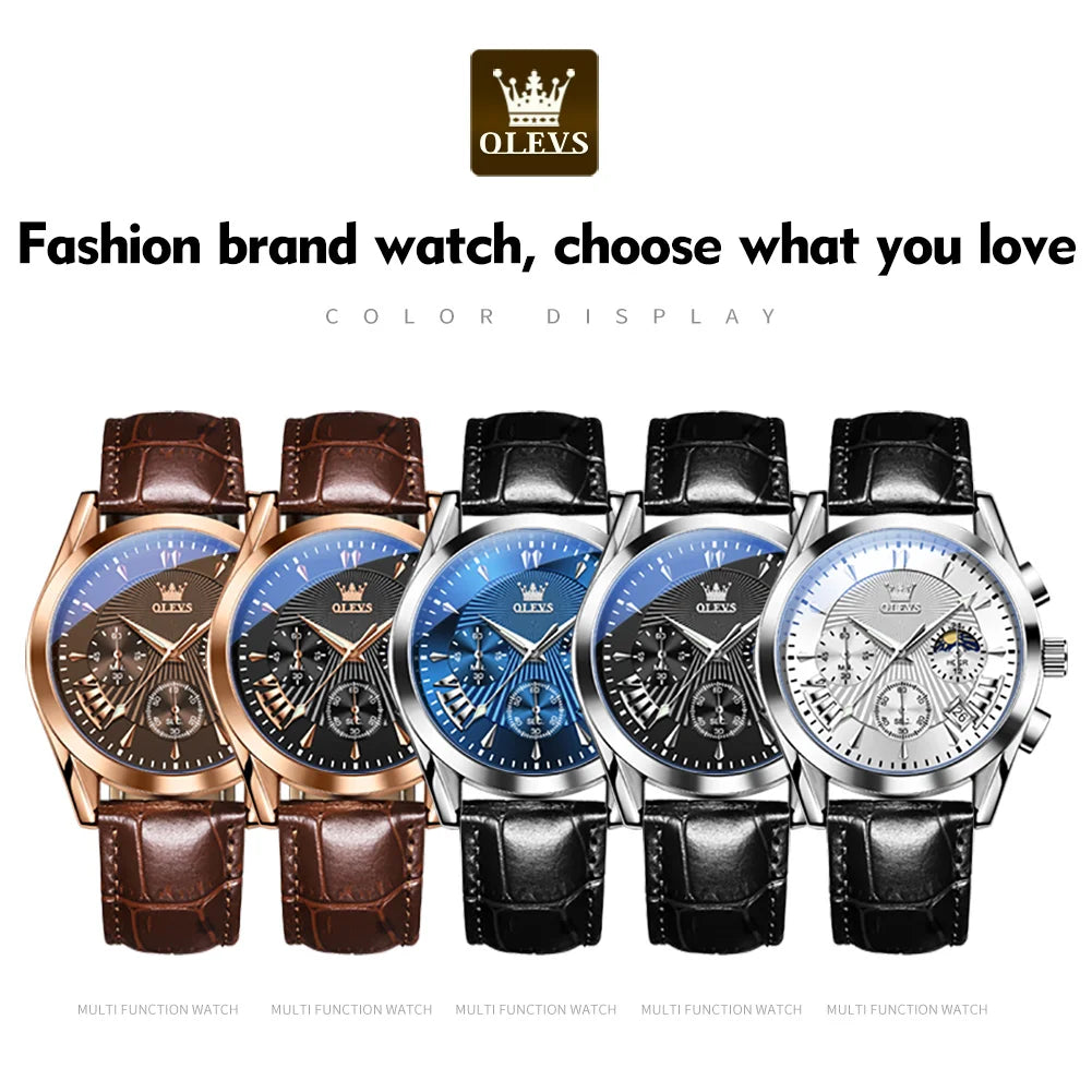 OLEVS casual fashion men's watches Moon Phase Chronograph waterproof man wristwatch Leather strap trend genuine watch for man