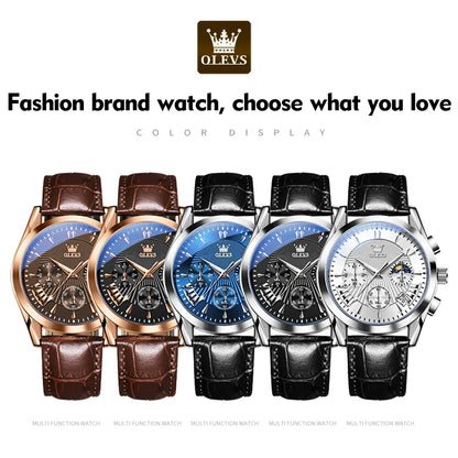 OLEVS casual fashion men's watches Moon Phase Chronograph waterproof man wristwatch Leather strap trend genuine watch for man
