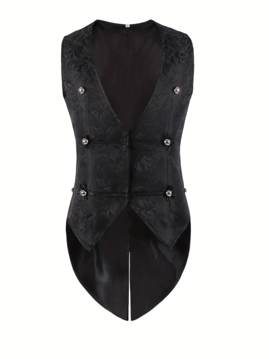 2026 New European Medieval Men's Gothic Vest, Halloween Stage Costume, Button Lapel, Slim Fit, Mid-Length Black Waistcoat