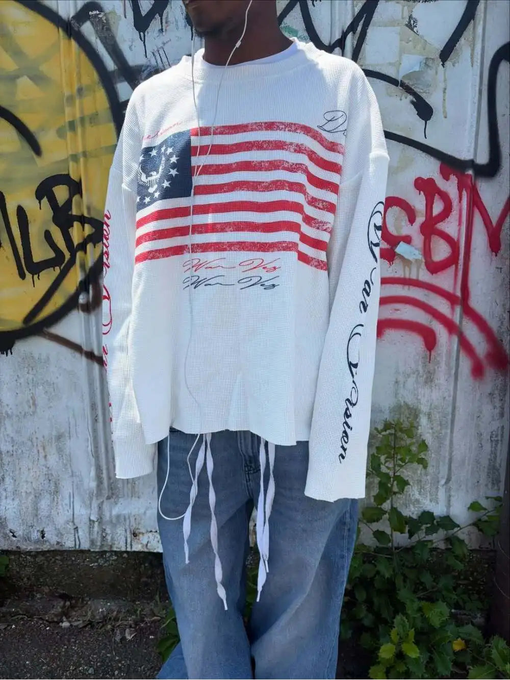 New autumn 2026 Y2K American retro flag print waffle style trendy street fashion casual versatile niche long sleeved top ins