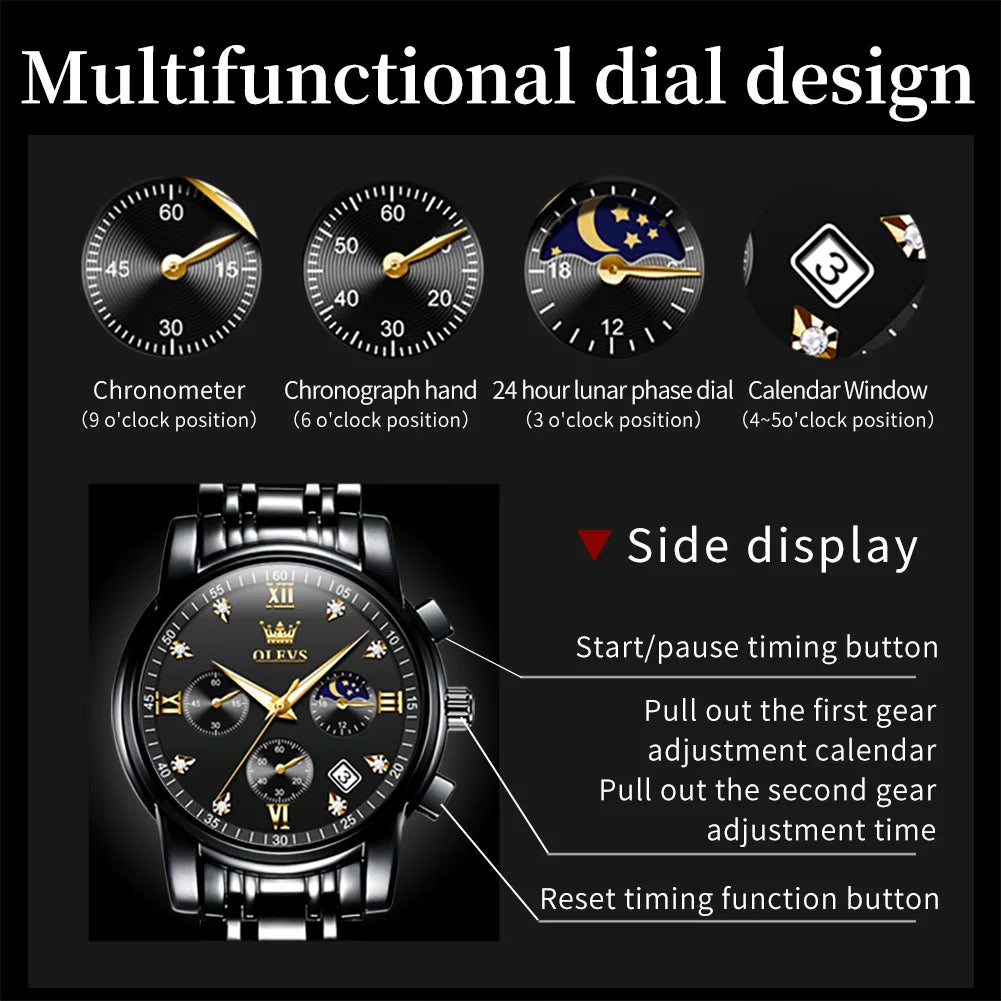 OLEVS Popular men's watches stainless steel black Moon Phase Chronograph quartz watch for man date Original brand wristwatch
