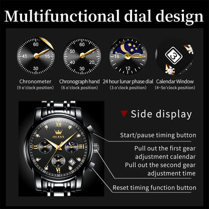 OLEVS Popular men's watches stainless steel black Moon Phase Chronograph quartz watch for man date Original brand wristwatch