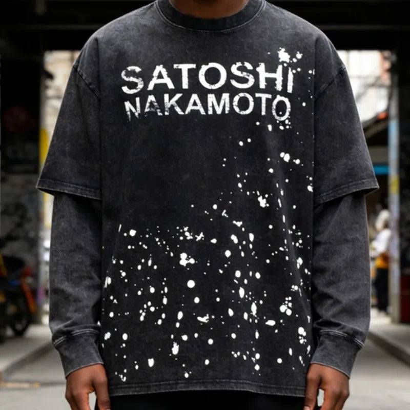 Handmade Ink Splashing Fading Letter Vintage Black SATOSHI Tshirts Hiphop Street Fake Two Piece Long Sleeve Men Women Shorts
