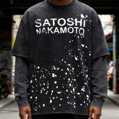 Handmade Ink Splashing Fading Letter Vintage Black SATOSHI Tshirts Hiphop Street Fake Two Piece Long Sleeve Men Women Shorts