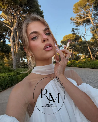Ranmo Modern White Illusion Chiffon Long Women Party Dresses Off Shoulder With Puff Sleeves Pretty Wedding Party Dress