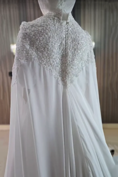 Muslim Long Sleeve Wedding Dress Elegant High Collar Beaded Chiffon A-line Bride Dress Arab Women's Wedding Dress Customized
