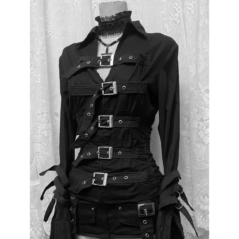 Korean Black Shirt Niche Design High-end Unique Top 2026 Spring  Autumn New Personalized Dark Style Female Tide Street Hipster