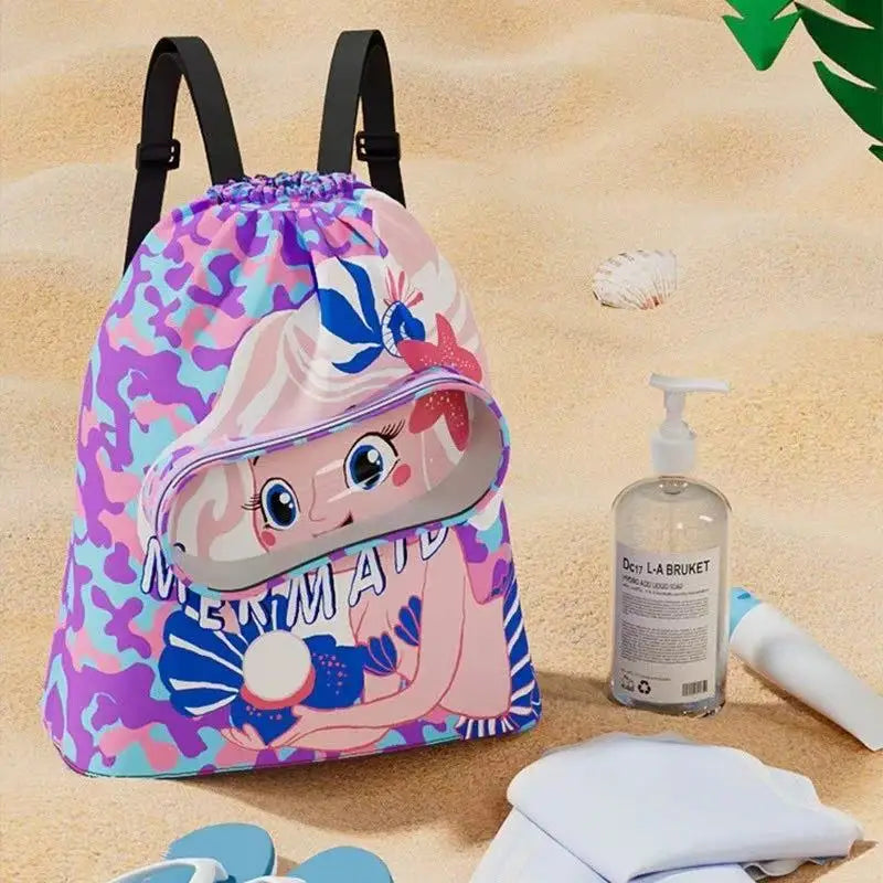 Portable Kids Swimming Bag Waterproof Dry Wet Separation Backpack with Cartoon Print, Essential Organizer for Children's Sports